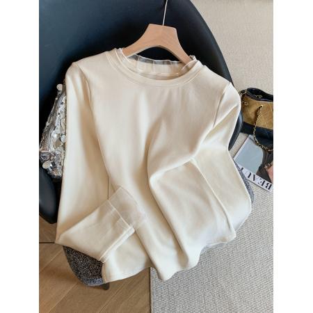 FA53328# 冬季新款长袖加绒打底衫T恤女蕾丝拼接时尚洋气百搭上衣 服裝批發女裝批發服飾貨源