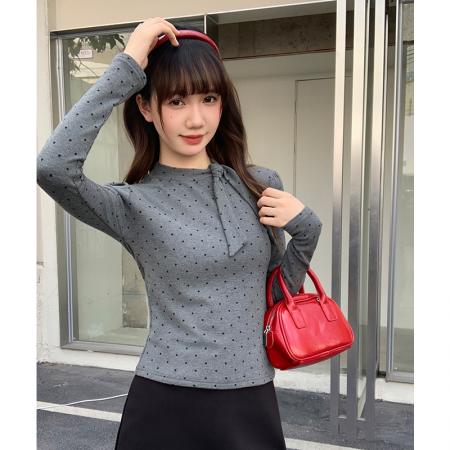 FA53329# 灰色波点打底女衫内搭秋冬设计感显瘦上衣绑带蝴蝶结磨毛 服裝批發女裝批發服飾貨源