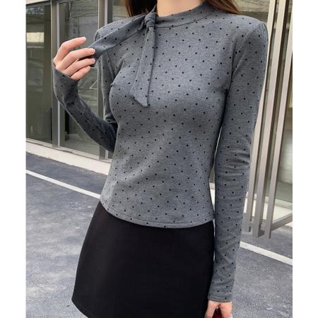 FA53329# 灰色波点打底女衫内搭秋冬设计感显瘦上衣绑带蝴蝶结磨毛 服裝批發女裝批發服飾貨源