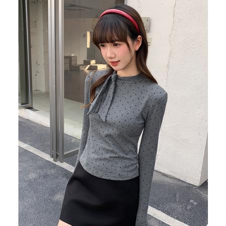 FA53329# 灰色波点打底女衫内搭秋冬设计感显瘦上衣绑带蝴蝶结磨毛 服裝批發女裝批發服飾貨源
