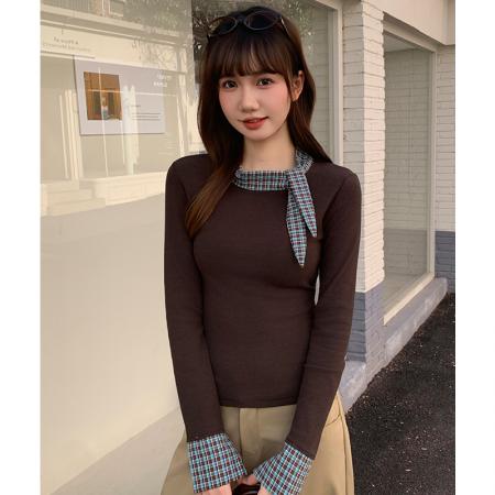FA53330# 咖色内搭打底衫女秋冬磨毛长袖t恤设计感小众修身格子系 服裝批發女裝批發服飾貨源