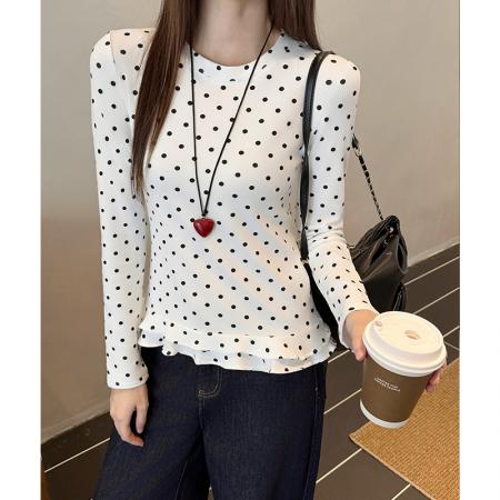 FA53331# 白色波点磨毛花边长袖t恤女秋冬显瘦修身加绒打底衫内搭 服裝批發女裝批發服飾貨源