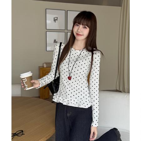 FA53331# 白色波点磨毛花边长袖t恤女秋冬显瘦修身加绒打底衫内搭 服裝批發女裝批發服飾貨源