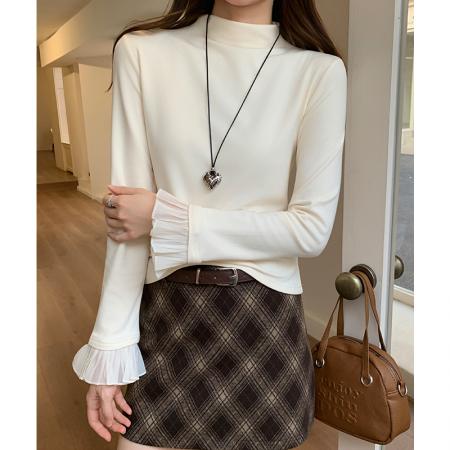 FA53332# 磨毛半高领花边拼接长袖t恤女秋冬设计感打底内搭杏色 服裝批發女裝批發服飾貨源