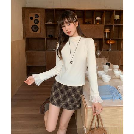 FA53332# 磨毛半高领花边拼接长袖t恤女秋冬设计感打底内搭杏色 服裝批發女裝批發服飾貨源