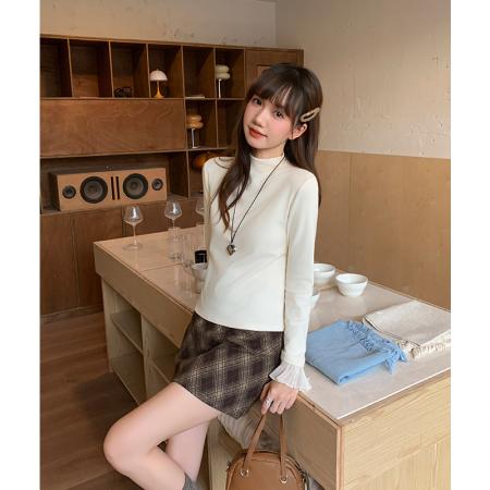 FA53332# 磨毛半高领花边拼接长袖t恤女秋冬设计感打底内搭杏色 服裝批發女裝批發服飾貨源