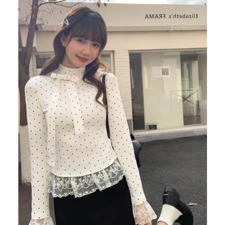 FA53333# 白色蕾丝花边半高领波点打底衫女内搭秋冬新款蝴蝶结上衣 服裝批發女裝批發服飾貨源
