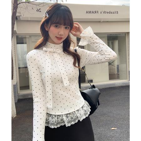 FA53333# 白色蕾丝花边半高领波点打底衫女内搭秋冬新款蝴蝶结上衣 服裝批發女裝批發服飾貨源