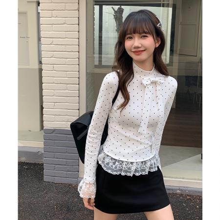 FA53333# 白色蕾丝花边半高领波点打底衫女内搭秋冬新款蝴蝶结上衣 服裝批發女裝批發服飾貨源
