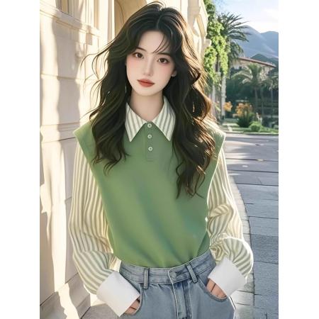 FA53334# 春秋季新款绿色条纹假两件衬衫女长袖衬衣拼接上衣 服裝批發女裝批發服飾貨源