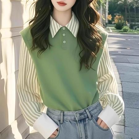 FA53334# 春秋季新款绿色条纹假两件衬衫女长袖衬衣拼接上衣 服裝批發女裝批發服飾貨源