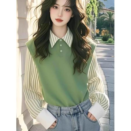 FA53334# 春秋季新款绿色条纹假两件衬衫女长袖衬衣拼接上衣 服裝批發女裝批發服飾貨源