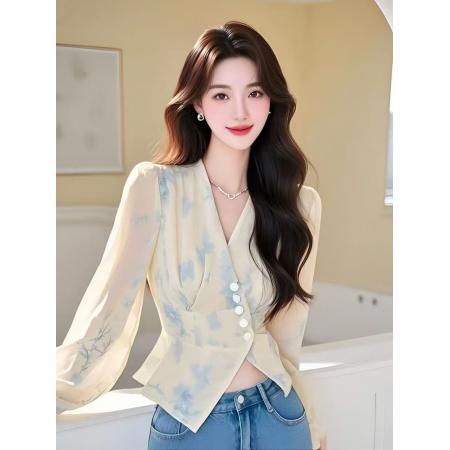 FA53336# 春秋季新款掐腰黄色v领碎花衬衫时尚洋气长袖上衣女 服裝批發女裝批發服飾貨源
