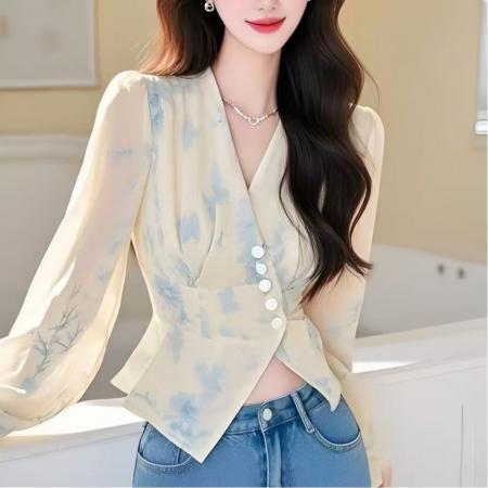 FA53336# 春秋季新款掐腰黄色v领碎花衬衫时尚洋气长袖上衣女 服裝批發女裝批發服飾貨源