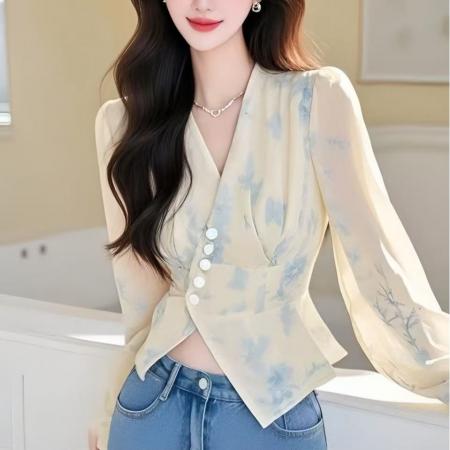 FA53336# 春秋季新款掐腰黄色v领碎花衬衫时尚洋气长袖上衣女 服裝批發女裝批發服飾貨源