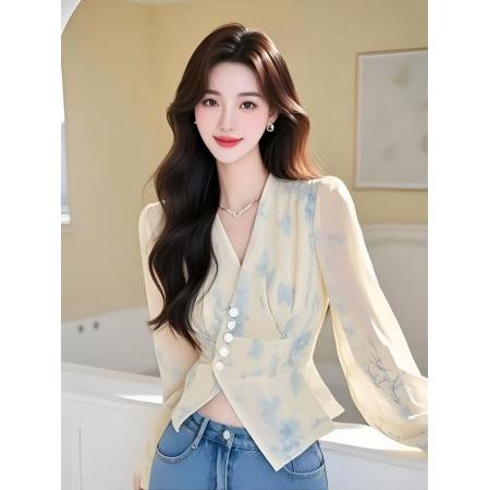 FA53336# 春秋季新款掐腰黄色v领碎花衬衫时尚洋气长袖上衣女 服裝批發女裝批發服飾貨源