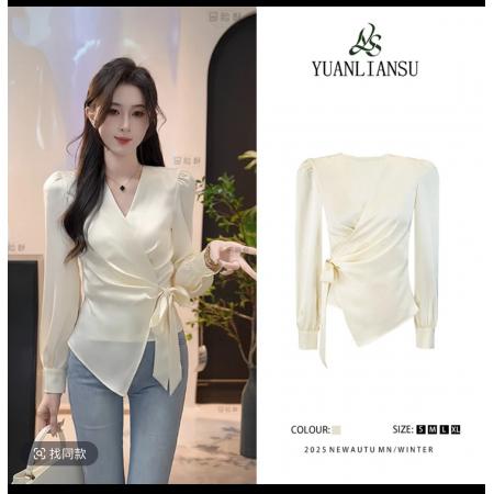 FA53337# 春秋季新款法式V领系带长袖衬衫女收腰显瘦小衫上衣 服裝批發女裝批發服飾貨源