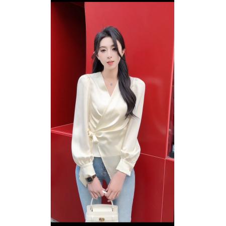 FA53337# 春秋季新款法式V领系带长袖衬衫女收腰显瘦小衫上衣 服裝批發女裝批發服飾貨源
