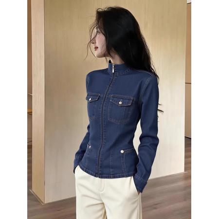 FA53338# 巨好看的蓝色牛仔衬衫女春复古气质轻奢高端独特漂亮掐腰法式上衣 服裝批發女裝批發服飾貨源