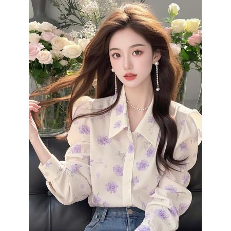FA53339# 春秋季新款上衣女韩系长袖衬衣减龄洋气宽松印花衬衫 服裝批發女裝批發服飾貨源