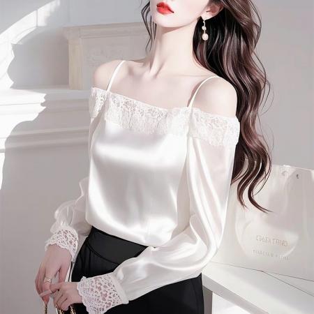 FA53340# 春秋季新款白色露肩缎面衬衫女收腰蕾丝拼接长袖上衣 服裝批發女裝批發服飾貨源