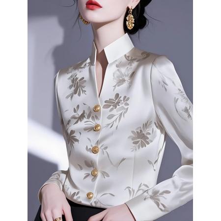 FA53341# 春秋季新款修身显瘦白色印花缎面衬衫女收腰长袖衬衣 服裝批發女裝批發服飾貨源