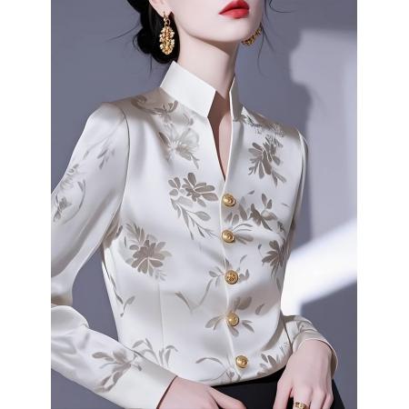 FA53341# 春秋季新款修身显瘦白色印花缎面衬衫女收腰长袖衬衣 服裝批發女裝批發服飾貨源