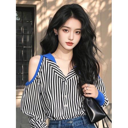 FA53342# 春秋季新款小衫小众上衣时尚洋气设计感黑色条纹衬衫 服裝批發女裝批發服飾貨源