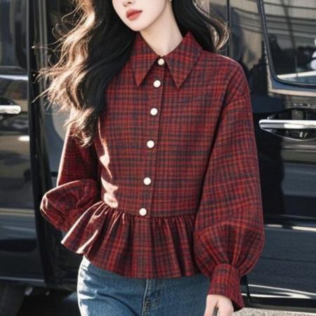 FA53344# 春秋季新款长袖上衣设计感减龄红色格纹拼接荷叶边衬衫 服裝批發女裝批發服飾貨源