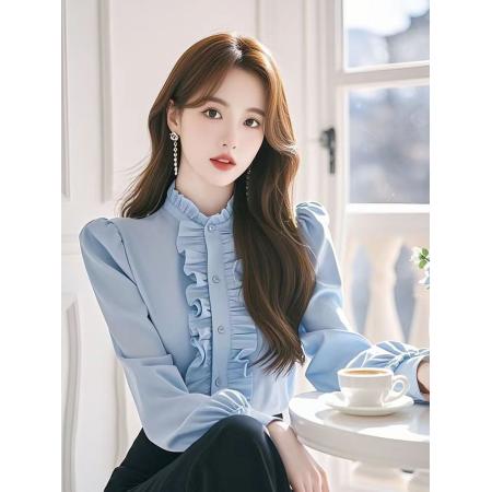 FA53345# 春秋季新款法式长袖上衣蓝色木耳边长袖衬衫女新款 服裝批發女裝批發服飾貨源