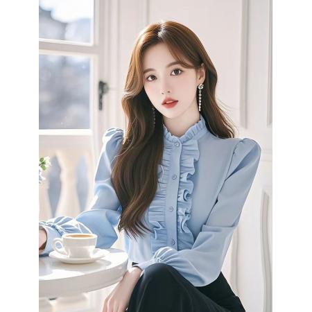 FA53345# 春秋季新款法式长袖上衣蓝色木耳边长袖衬衫女新款 服裝批發女裝批發服飾貨源
