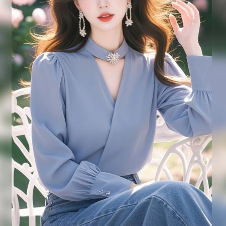 FA53346# 春秋季新款韩系气质蓝色衬衫女秋季小众长袖上衣 服裝批發女裝批發服飾貨源