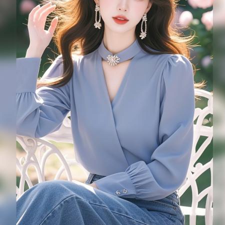 FA53346# 春秋季新款韩系气质蓝色衬衫女秋季小众长袖上衣 服裝批發女裝批發服飾貨源