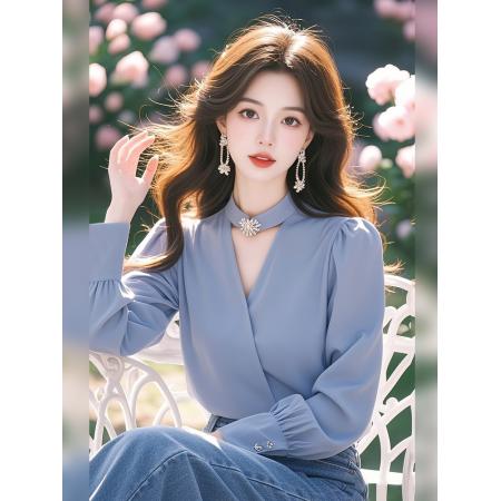 FA53346# 春秋季新款韩系气质蓝色衬衫女秋季小众长袖上衣 服裝批發女裝批發服飾貨源