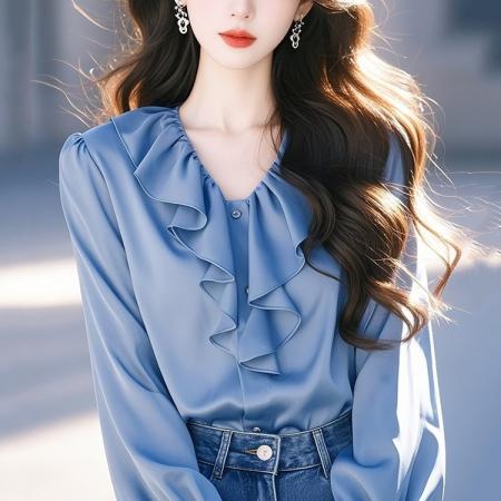 FA53347# 春秋季新款法式长袖上衣小众设计蓝色荷叶边醋酸衬衫女 服裝批發女裝批發服飾貨源