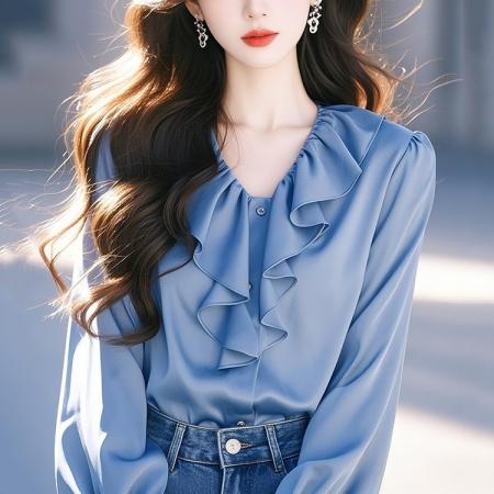 FA53347# 春秋季新款法式长袖上衣小众设计蓝色荷叶边醋酸衬衫女 服裝批發女裝批發服飾貨源