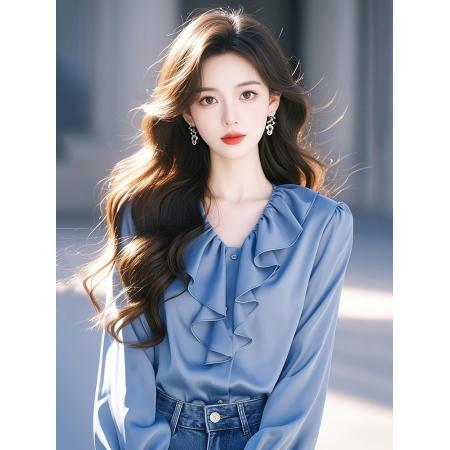 FA53347# 春秋季新款法式长袖上衣小众设计蓝色荷叶边醋酸衬衫女 服裝批發女裝批發服飾貨源