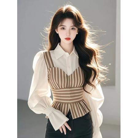 FA53348# 春秋季新款减龄洋气长袖上衣收腰小香风条纹拼接衬衫 服裝批發女裝批發服飾貨源