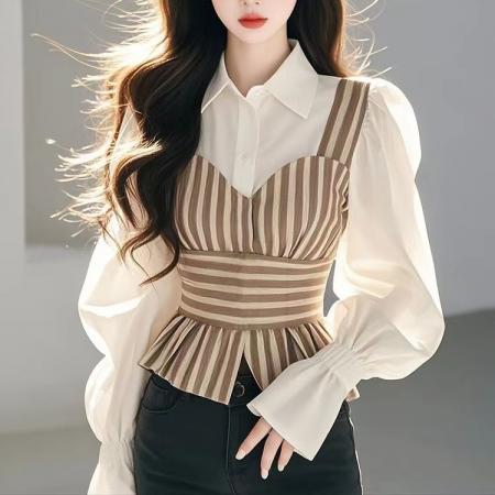 FA53348# 春秋季新款减龄洋气长袖上衣收腰小香风条纹拼接衬衫 服裝批發女裝批發服飾貨源