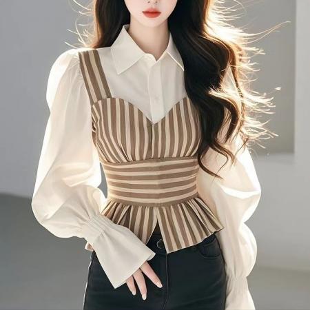 FA53348# 春秋季新款减龄洋气长袖上衣收腰小香风条纹拼接衬衫 服裝批發女裝批發服飾貨源
