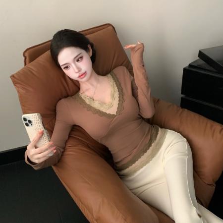 FA53350# 蕾丝拼接假两件V领T恤女韩系气质修身设计感打底上衣 服裝批發女裝批發服飾貨源