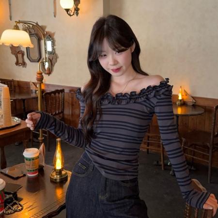 FA53351# 辣妹花边U领修身显瘦上衣女美式条纹外穿设计感长袖 服裝批發女裝批發服飾貨源