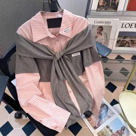 FA53352# 假两件针织拼接条纹衬衫女早秋miu系粉色衬衣修身学院风甜美上衣 服裝批發女裝批發服飾貨源