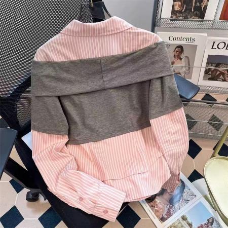 FA53352# 假两件针织拼接条纹衬衫女早秋miu系粉色衬衣修身学院风甜美上衣 服裝批發女裝批發服飾貨源