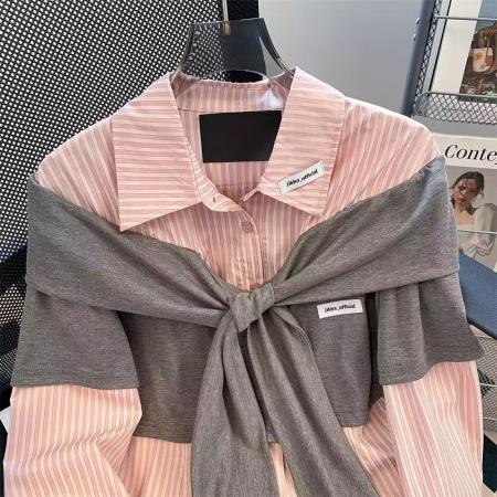 FA53352# 假两件针织拼接条纹衬衫女早秋miu系粉色衬衣修身学院风甜美上衣 服裝批發女裝批發服飾貨源