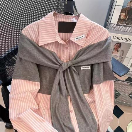 FA53352# 假两件针织拼接条纹衬衫女早秋miu系粉色衬衣修身学院风甜美上衣 服裝批發女裝批發服飾貨源