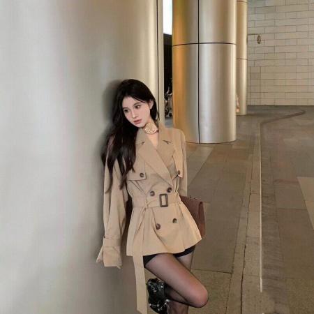 FA53354# 韩系chic别致收腰显瘦双排扣英伦风外套女秋冬新款超好看风衣 服裝批發女裝批發服飾貨源