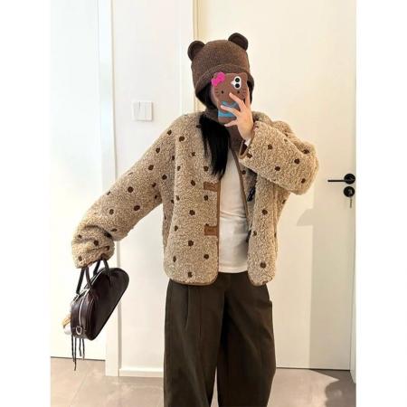 FA53356# 秋冬新款牛角扣加厚保暖人造毛外套女超好看女生舒适甜美上衣 服裝批發女裝批發服飾貨源