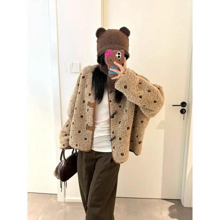 FA53356# 秋冬新款牛角扣加厚保暖人造毛外套女超好看女生舒适甜美上衣 服裝批發女裝批發服飾貨源