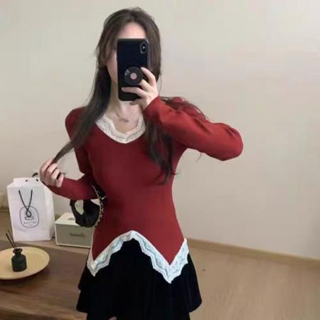 FA53358# 秋冬季新款法式法式气质纯欲性感复古纯欲蕾丝花边修身针织打底衫 服裝批發女裝批發服飾貨源